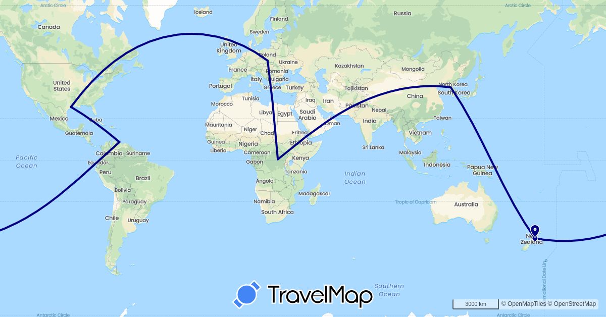 TravelMap itinerary: driving in Democratic Republic of the Congo, North Korea, New Zealand, Poland, United States, Venezuela (Africa, Asia, Europe, North America, Oceania, South America)